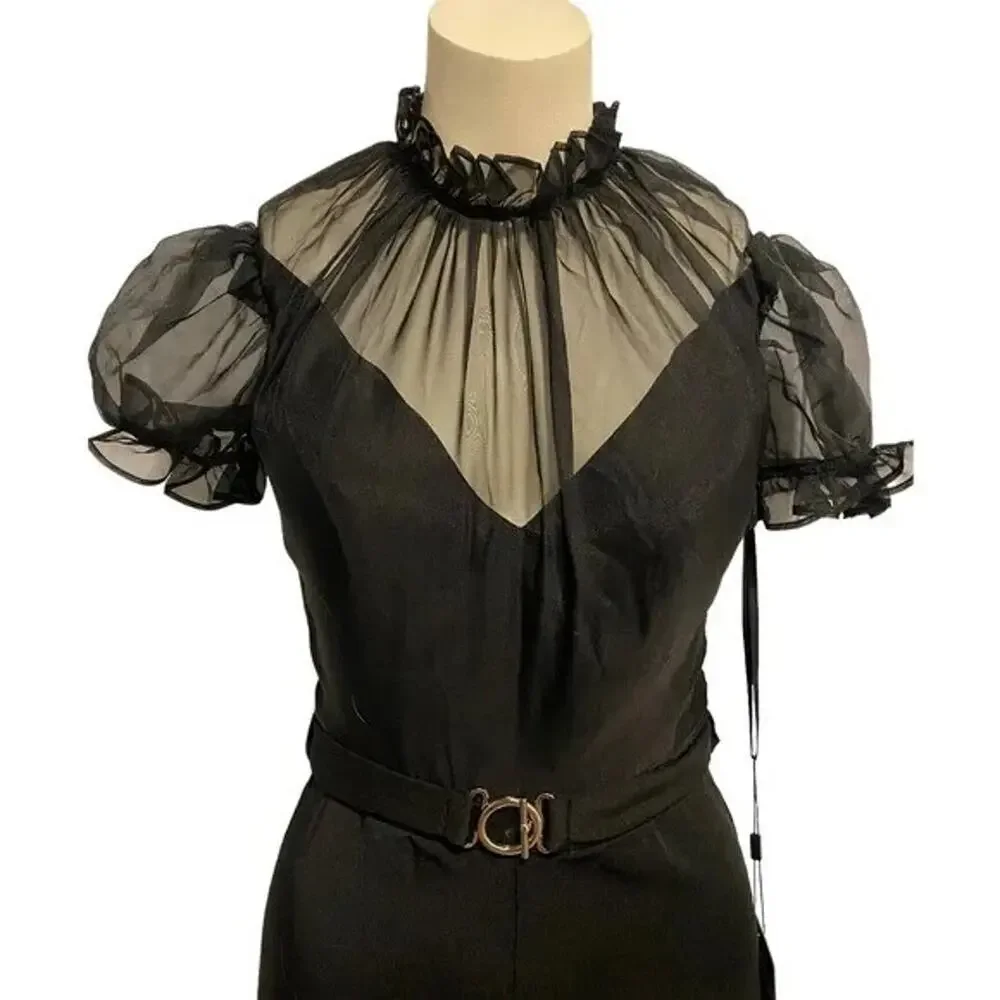 MAC DUGGAL BLACK BELTED ILLUSION HIGH NECK CAP SLEEVE‎ JUMPSUIT SZ 14 NWT - Picture 4 of 6